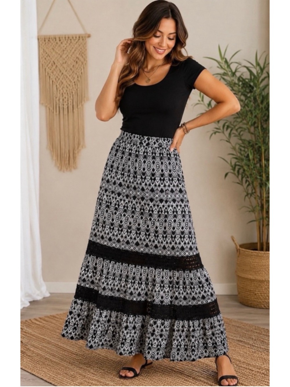 Faded Glory Maxi Skirt Women's Size XL Black White No Belt